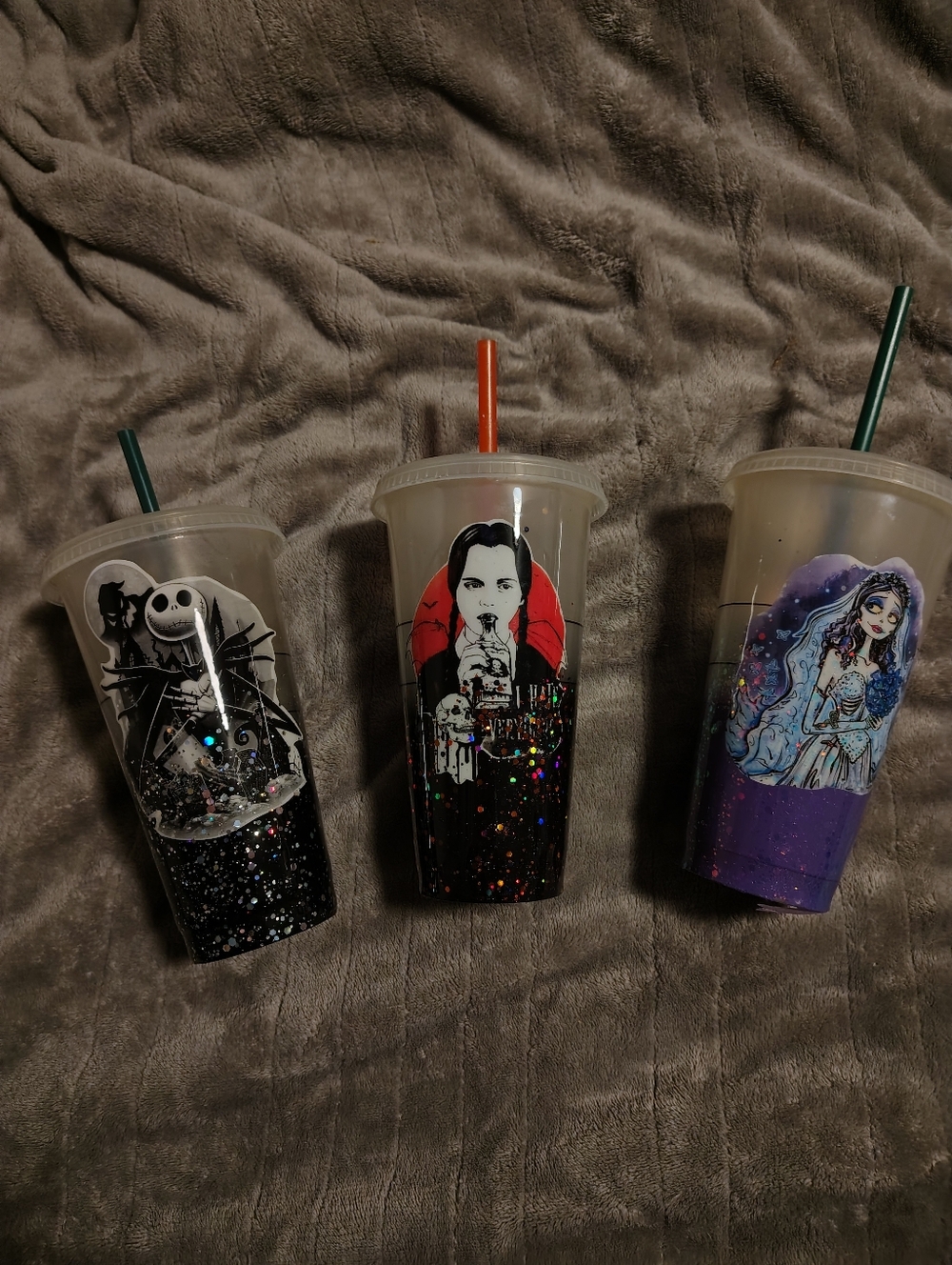Starbucks Clear Tumbler Trio with Black, Red, Purple Art Accents